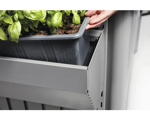 Persoon plaatst plantenbak in een grijze metalen stellingkast