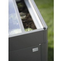Verhoogde tuinbak met planten en Biohort logo