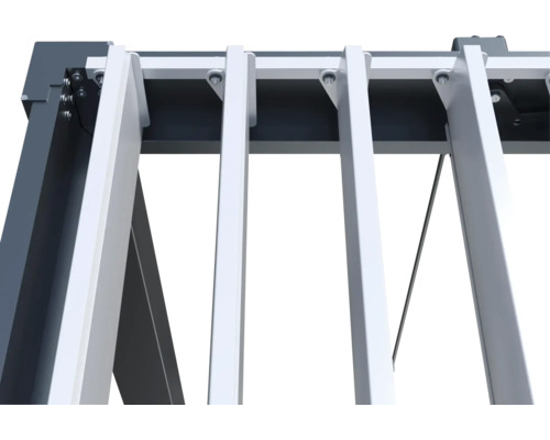 Detailopname van een lamellenpergola met verstelbare lamellen