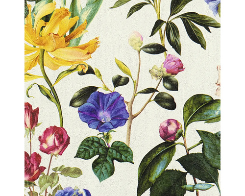 Bloemenbehang met rozen, tulpen en bladerenmotief