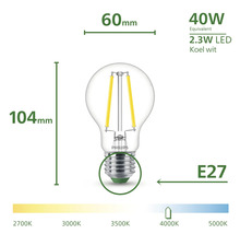 Philips lamp met E27 fitting, 2,3 watt led, 40 watt equivalent, 60 millimeter breed en 104 millimeter hoog