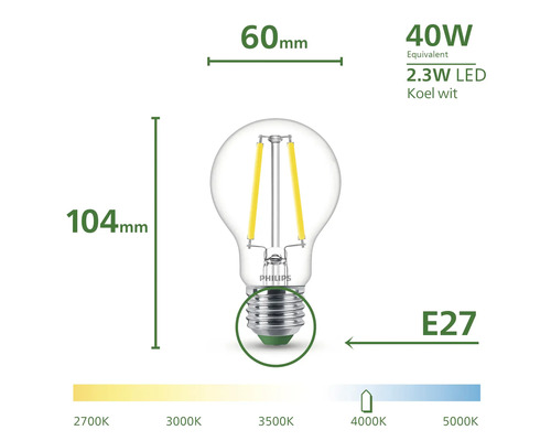 Philips lamp met E27 fitting, 2,3 watt led, 40 watt equivalent, 60 millimeter breed en 104 millimeter hoog
