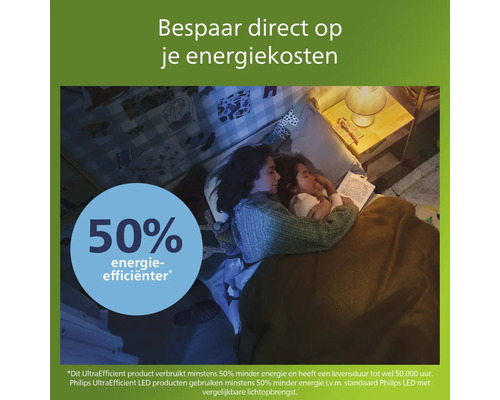 Scène met moeder en kind in bed onder het licht van een lamp. Energiebesparingstip.