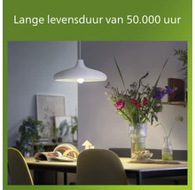 Eetkamer met eettafel, bloemen en een witte hanglamp