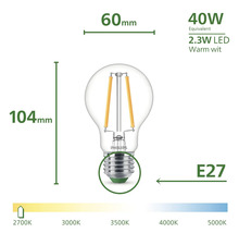 Philips LED lamp met E27 fitting, 2,3 watt vermogen en 104 millimeter lengte