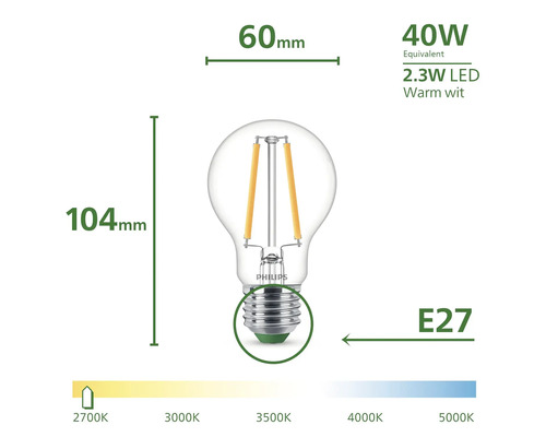 Philips LED lamp met E27 fitting, 2,3 watt vermogen en 104 millimeter lengte