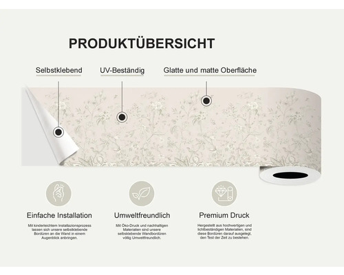 Productoverzicht van een rand met de eigenschappen: Zelfklevend, UV-bestendig en een glad, mat oppervlak.