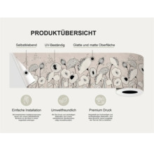 Productoverzicht van een zelfklevende border met bloemmotief, die UV-bestendig is en een glad, mat oppervlak heeft. Eenvoudige installatie, milieuvriendelijk en premium druk.