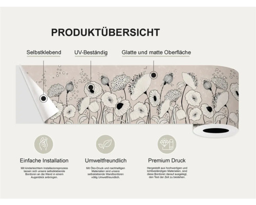 Productoverzicht van een zelfklevende border met bloemmotief, die UV-bestendig is en een glad, mat oppervlak heeft. Eenvoudige installatie, milieuvriendelijk en premium druk.