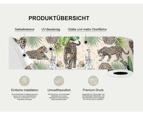 Productoverzicht van een zelfklevende, UV-bestendige border met een glad, mat oppervlak en jungle-motief