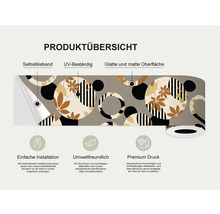 Productoverzicht: zelfklevend, UV-bestendig, glad en mat oppervlak, eenvoudige installatie, milieuvriendelijk, premium print