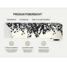 Productoverzicht van een zelfklevende rand met bladerenmotief, UV-bestendig, glad en mat oppervlak.