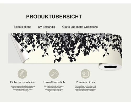 Productoverzicht van een zelfklevende rand met bladerenmotief, UV-bestendig, glad en mat oppervlak.