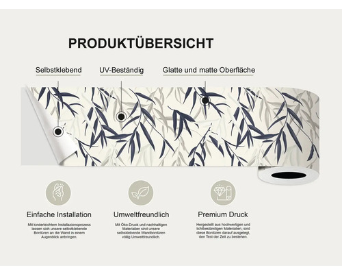 Productoverzicht van een zelfklevende rand met bamboepatroon, UV-bestendig en met gladde, matte afwerking
