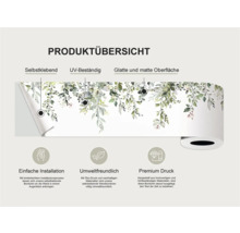 Productoverzicht van een zelfklevende, UV-bestendige rand met een glad, mat oppervlak en plantmotieven.