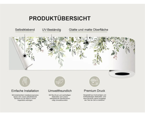 Productoverzicht van een zelfklevende, UV-bestendige rand met een glad, mat oppervlak en plantmotieven.