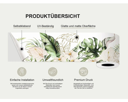 Productoverzicht: zelfklevende rand met plantmotieven, UV-bestendig, glad en mat oppervlak