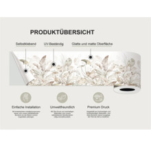 Productoverzicht van een zelfklevende border met plantmotief, UV-bestendig, glad en mat oppervlak, eenvoudige installatie, milieuvriendelijk, premium druk.