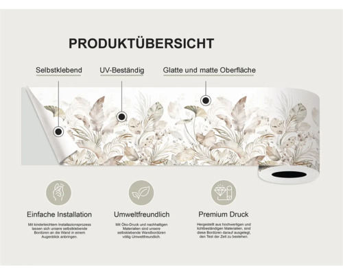 Productoverzicht van een zelfklevende border met plantmotief, UV-bestendig, glad en mat oppervlak, eenvoudige installatie, milieuvriendelijk, premium druk.