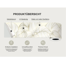 Productoverzicht van een zelfklevende, UV-bestendige border met een glad, mat oppervlak en een bladmotief.
