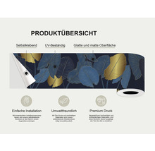 Productoverzicht van een zelfklevende rand met bladerenpatroon, UV-bestendig en met een glad, mat oppervlak, eenvoudige installatie, milieuvriendelijke eco-print en premium print.