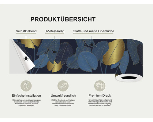 Productoverzicht van een zelfklevende rand met bladerenpatroon, UV-bestendig en met een glad, mat oppervlak, eenvoudige installatie, milieuvriendelijke eco-print en premium print.