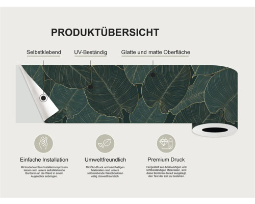 Productoverzicht van een zelfklevende, UV-bestendige rand met glad, mat oppervlak en bladerpatroon.
