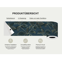 Productoverzicht van een zelfklevende border met bladerpatroon, UV-bestendig en met een glad, mat oppervlak.