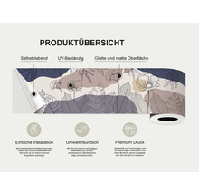 Productoverzicht: Zelfklevend, UV-bestendig, glad en mat oppervlak, eenvoudige installatie, milieuvriendelijk, premium print
