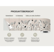Productoverzicht van een zelfklevende border met bloemmotief, die UV-bestendig is en een glad, mat oppervlak heeft. Eenvoudige installatie, milieuvriendelijk en premium druk.