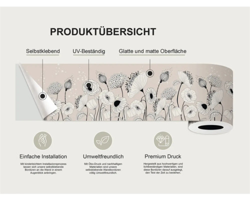 Productoverzicht van een zelfklevende border met bloemmotief, die UV-bestendig is en een glad, mat oppervlak heeft. Eenvoudige installatie, milieuvriendelijk en premium druk.