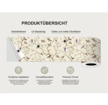 Productoverzicht van een zelfklevende border met vogelmotief, UV-bestendig en met een glad, mat oppervlak voor eenvoudige installatie