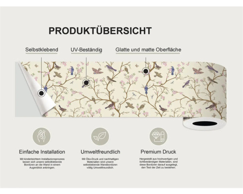 Productoverzicht van een zelfklevende border met vogelmotief, UV-bestendig en met een glad, mat oppervlak voor eenvoudige installatie