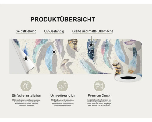 Productoverzicht: Zelfklevend, UV-bestendig, glad en mat oppervlak, eenvoudige installatie, milieuvriendelijk, premium print