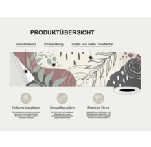 Productoverzicht van een rand met de kenmerken: zelfklevend, UV-bestendig, glad en mat oppervlak, eenvoudige installatie, milieuvriendelijk en premium print.