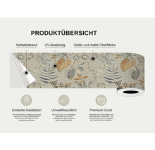 Productoverzicht van een zelfklevende, UV-bestendige rand met een glad, mat oppervlak en plantmotief.