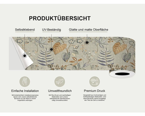 Productoverzicht van een zelfklevende, UV-bestendige rand met een glad, mat oppervlak en plantmotief.
