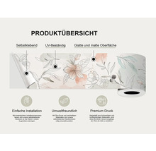 Productoverzicht van een zelfklevende rand met bloemmotief, UV-bestendig en met een glad, mat oppervlak.