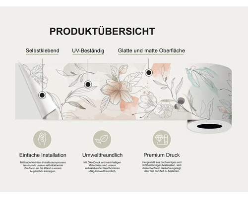Productoverzicht van een zelfklevende rand met bloemmotief, UV-bestendig en met een glad, mat oppervlak.