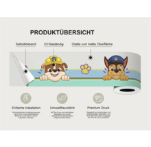 Productoverzicht van een zelfklevende, UV-bestendige rand met glad, mat oppervlak en Paw Patrol motief