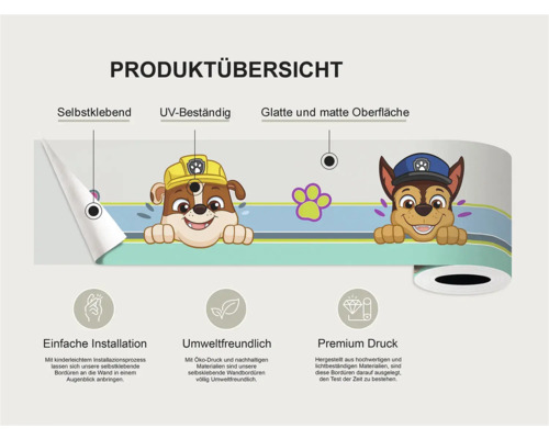 Productoverzicht van een zelfklevende, UV-bestendige rand met glad, mat oppervlak en Paw Patrol motief