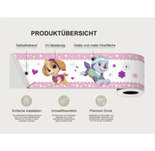 Productoverzicht van een zelfklevende, UV-bestendige muurrand met glad en mat oppervlak en Paw Patrol-design