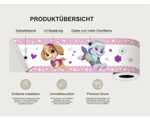 Productoverzicht van een zelfklevende, UV-bestendige muurrand met glad en mat oppervlak en Paw Patrol-design