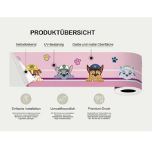 Productoverzicht van een zelfklevende rand met Paw Patrol motieven, UV-bestendig, glad en mat oppervlak, eenvoudige installatie, milieuvriendelijke eco-print, premium print