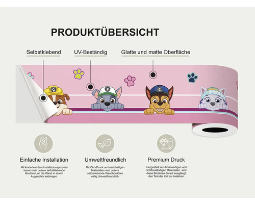 Productoverzicht van een zelfklevende rand met Paw Patrol motieven, UV-bestendig, glad en mat oppervlak, eenvoudige installatie, milieuvriendelijke eco-print, premium print