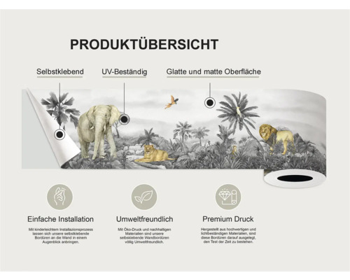 Productoverzicht van een zelfklevende, UV-bestendige border met een glad, mat oppervlak en jungle motieven
