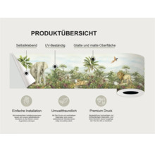 Productoverzicht van een zelfklevende border met UV-bestendigheid en een glad, mat oppervlak, met een jungle scène met olifanten en leeuwen