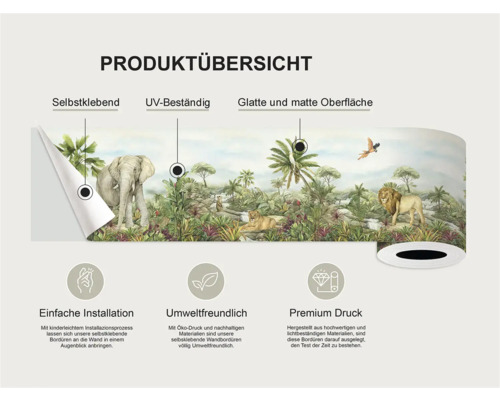 Productoverzicht van een zelfklevende border met UV-bestendigheid en een glad, mat oppervlak, met een jungle scène met olifanten en leeuwen