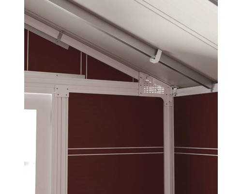 Detailopname van een tuinhuis met aluminium frame en wandelementen