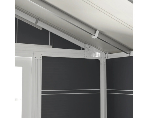 Gedetailleerde weergave van een tuinhuis met aluminium frame en dakconstructie